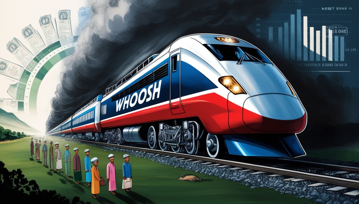 Ilustrasi editorial yang menampilkan kereta cepat 'Whoosh' melaju di atas lanskap Indonesia, sementara figur kecil warga menatap dengan cemas. Asap kereta membentuk bayangan angka utang dan dokumen pemerintah, melambangkan konsekuensi politik dan finansial proyek besar.