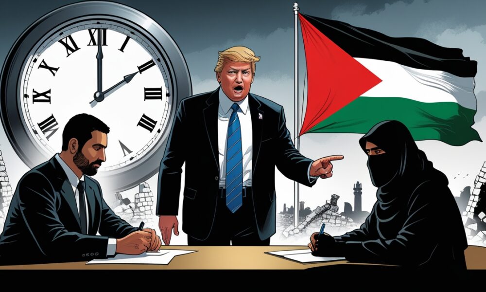Ilustrasi editorial Trump memberi ultimatum dengan menunjuk jam enam, sementara siluet pejuang Hamas duduk tenang; bendera Palestina berkibar di atas reruntuhan Gaza.