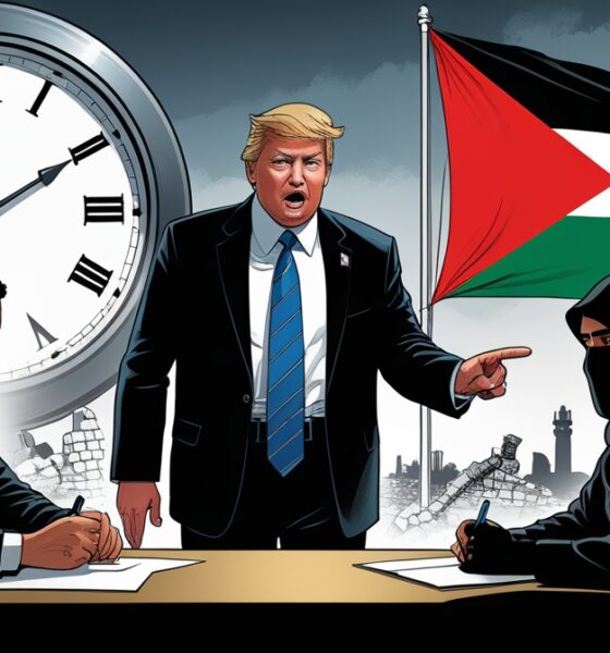 Ilustrasi editorial Trump memberi ultimatum dengan menunjuk jam enam, sementara siluet pejuang Hamas duduk tenang; bendera Palestina berkibar di atas reruntuhan Gaza.