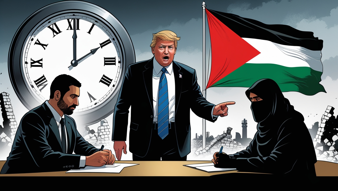 Ilustrasi editorial Trump memberi ultimatum dengan menunjuk jam enam, sementara siluet pejuang Hamas duduk tenang; bendera Palestina berkibar di atas reruntuhan Gaza.