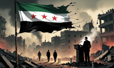 symbolic image of a ruined Syria with its green-white-black flag bearing three red stars torn above ruins.