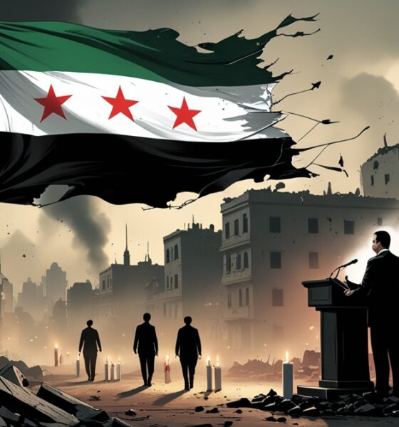 symbolic image of a ruined Syria with its green-white-black flag bearing three red stars torn above ruins.