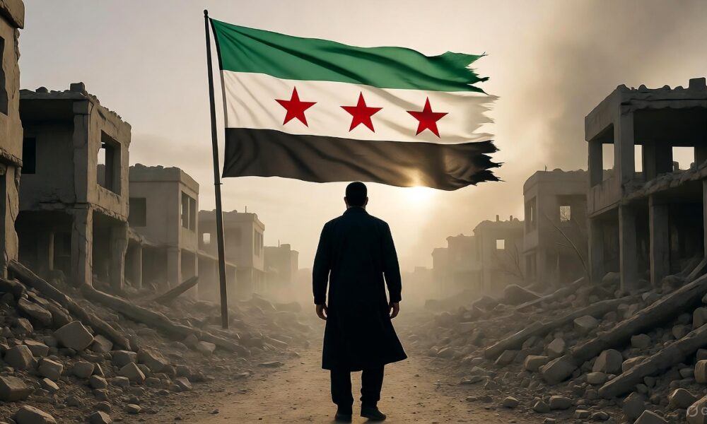 Editorial illustration of Ahmad al-Sharaa (Abu Jolani) amid the ruins of Damascus, with the new Syrian flag and ghostly figures symbolizing the lost soul of post-Assad Syria.