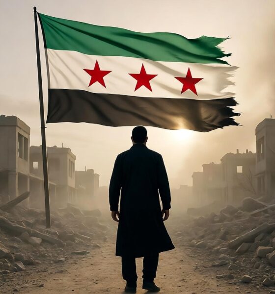 Editorial illustration of Ahmad al-Sharaa (Abu Jolani) amid the ruins of Damascus, with the new Syrian flag and ghostly figures symbolizing the lost soul of post-Assad Syria.