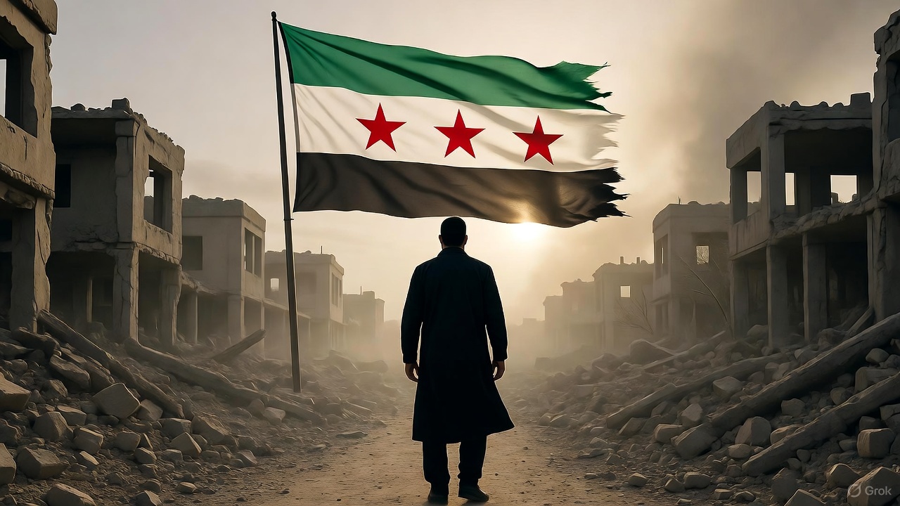Editorial illustration of Ahmad al-Sharaa (Abu Jolani) amid the ruins of Damascus, with the new Syrian flag and ghostly figures symbolizing the lost soul of post-Assad Syria.
