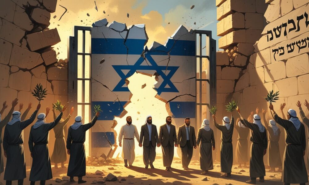 Ilustrasi tahanan Palestina keluar dari penjara yang retak, simbol runtuhnya kekuatan zionis.