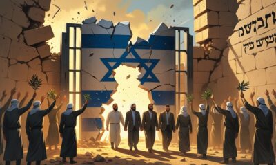 Ilustrasi tahanan Palestina keluar dari penjara yang retak, simbol runtuhnya kekuatan zionis.