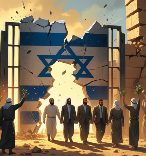 Ilustrasi tahanan Palestina keluar dari penjara yang retak, simbol runtuhnya kekuatan zionis.