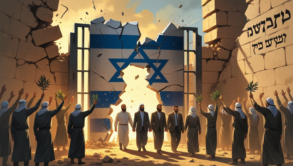 Ilustrasi tahanan Palestina keluar dari penjara yang retak, simbol runtuhnya kekuatan zionis.