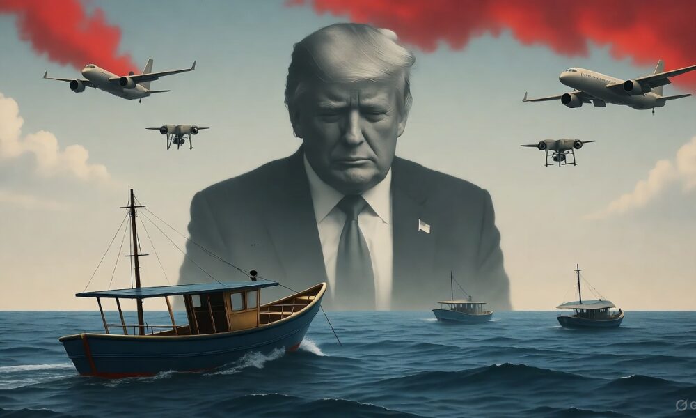 Illustration depicting U.S. military power overshadowing Latin America, symbolizing sovereignty violation and covert violence.