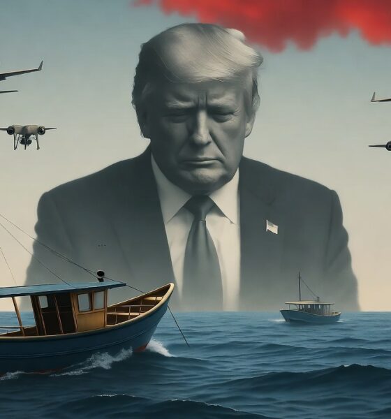 Illustration depicting U.S. military power overshadowing Latin America, symbolizing sovereignty violation and covert violence.