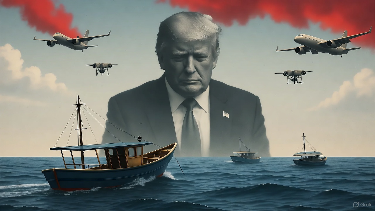 Illustration depicting U.S. military power overshadowing Latin America, symbolizing sovereignty violation and covert violence.