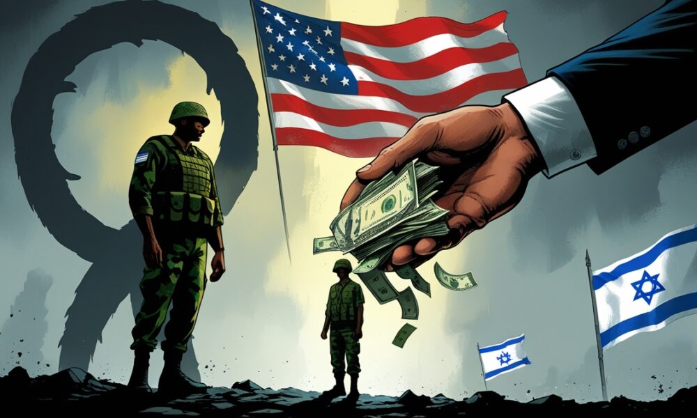 Ilustrasi editorial satir tentara Lebanon menerima dana dari tangan Amerika, bayangan Hizbullah di belakangnya, dan bendera Israel di kejauhan.