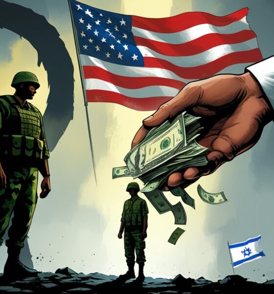 Ilustrasi editorial satir tentara Lebanon menerima dana dari tangan Amerika, bayangan Hizbullah di belakangnya, dan bendera Israel di kejauhan.