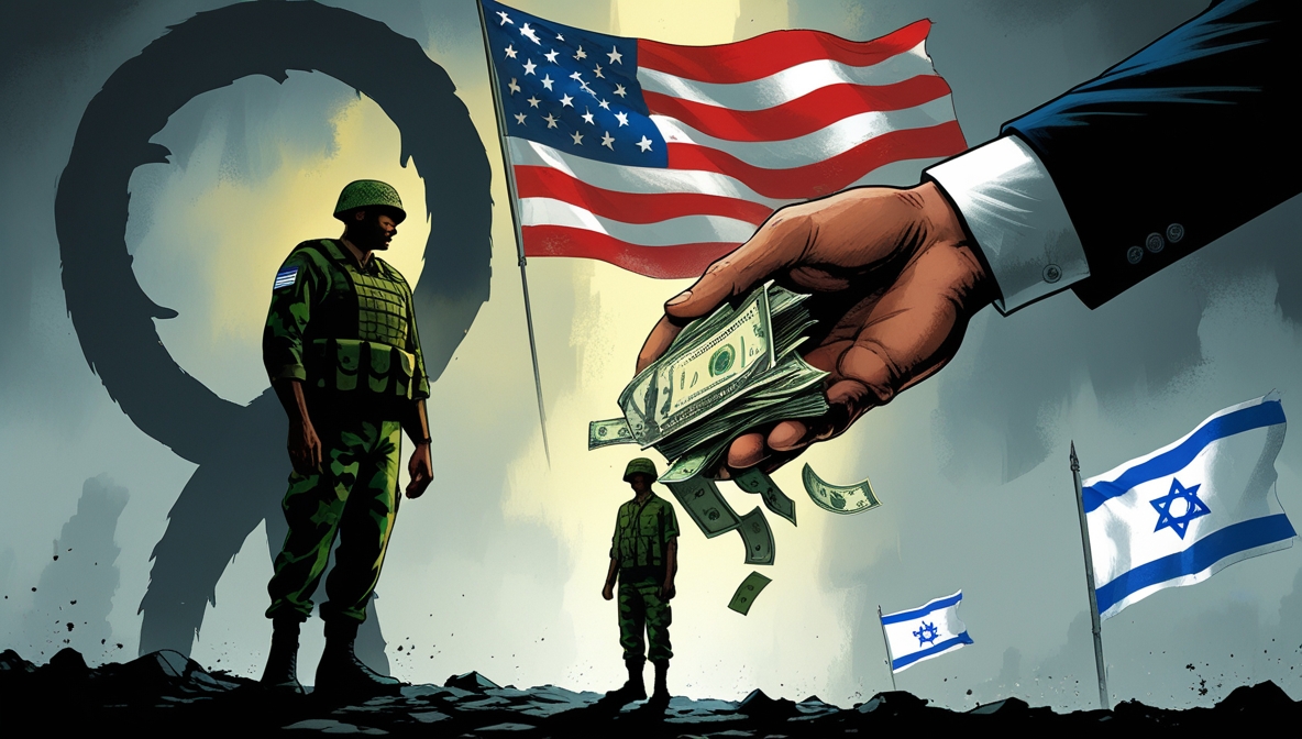 Ilustrasi editorial satir tentara Lebanon menerima dana dari tangan Amerika, bayangan Hizbullah di belakangnya, dan bendera Israel di kejauhan.