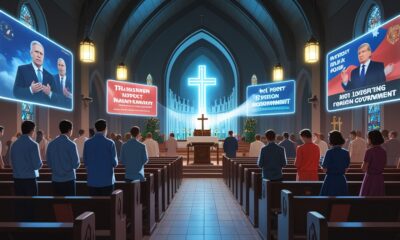 Illustration of worshippers in church surrounded by glowing propaganda screens.