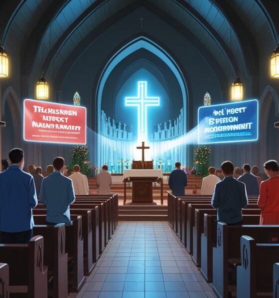 Illustration of worshippers in church surrounded by glowing propaganda screens.