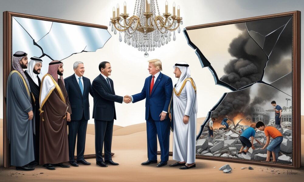 Ilustrasi simbolik menunjukkan cermin retak yang memantulkan wajah para pemimpin Arab sedang berjabat tangan dengan pejabat Israel dan AS, sementara di sisi lain Gaza hancur berasap.