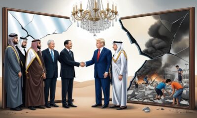 Ilustrasi simbolik menunjukkan cermin retak yang memantulkan wajah para pemimpin Arab sedang berjabat tangan dengan pejabat Israel dan AS, sementara di sisi lain Gaza hancur berasap.