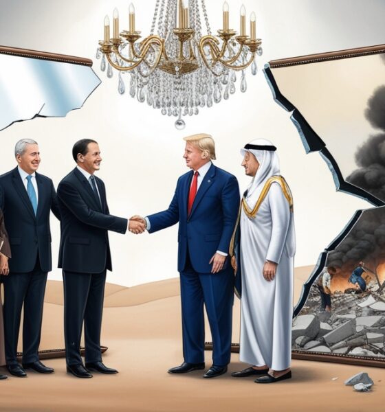 Ilustrasi simbolik menunjukkan cermin retak yang memantulkan wajah para pemimpin Arab sedang berjabat tangan dengan pejabat Israel dan AS, sementara di sisi lain Gaza hancur berasap.