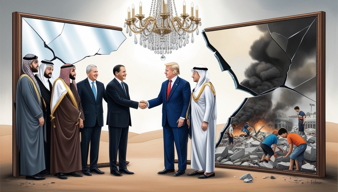 Ilustrasi simbolik menunjukkan cermin retak yang memantulkan wajah para pemimpin Arab sedang berjabat tangan dengan pejabat Israel dan AS, sementara di sisi lain Gaza hancur berasap.