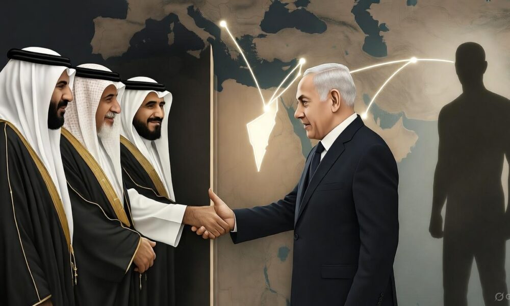 Ilustrasi editorial realistis menampilkan para pemimpin Arab berjabat tangan diam-diam dengan perwira Zionis di balik tirai, sementara bayangan Iran berdiri menghadapi mereka.