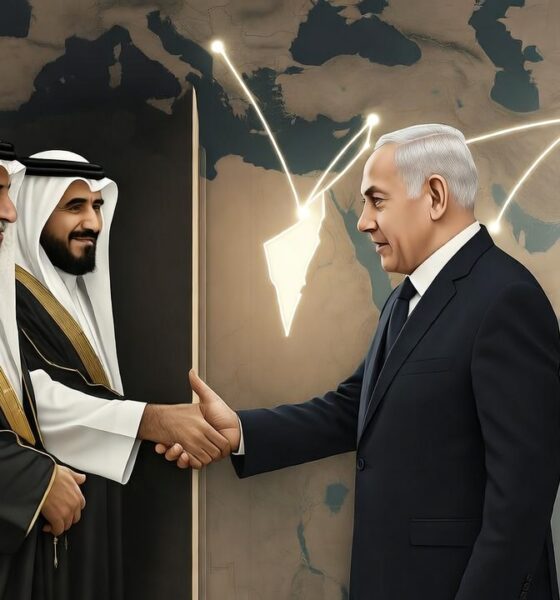 Ilustrasi editorial realistis menampilkan para pemimpin Arab berjabat tangan diam-diam dengan perwira Zionis di balik tirai, sementara bayangan Iran berdiri menghadapi mereka.