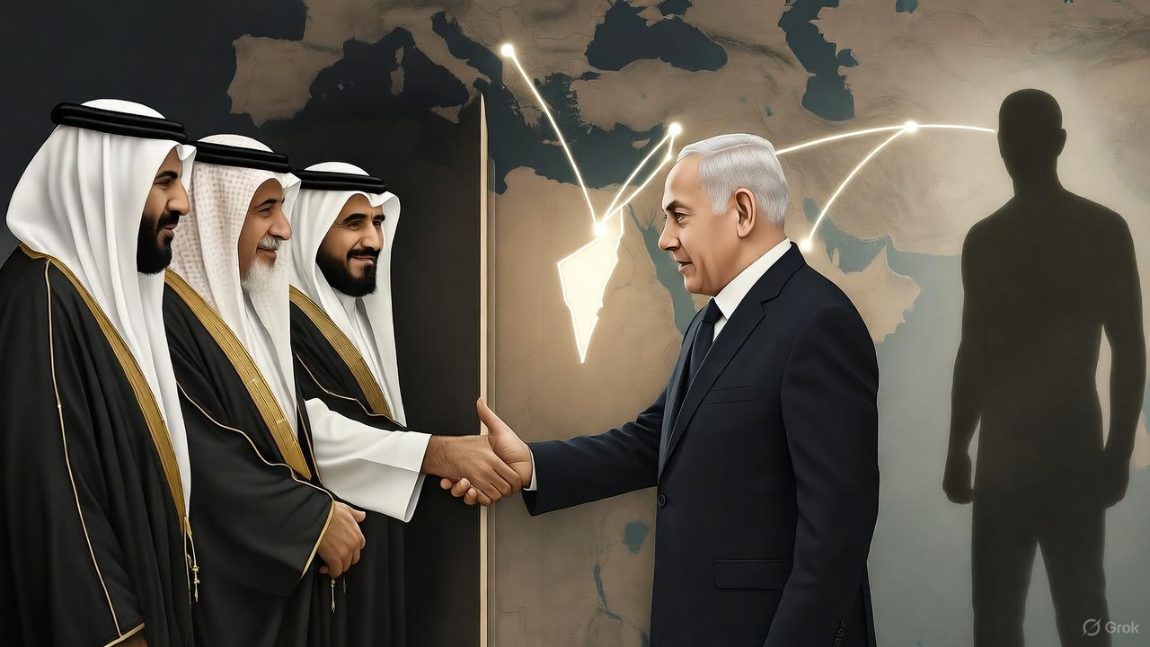 Ilustrasi editorial realistis menampilkan para pemimpin Arab berjabat tangan diam-diam dengan perwira Zionis di balik tirai, sementara bayangan Iran berdiri menghadapi mereka.