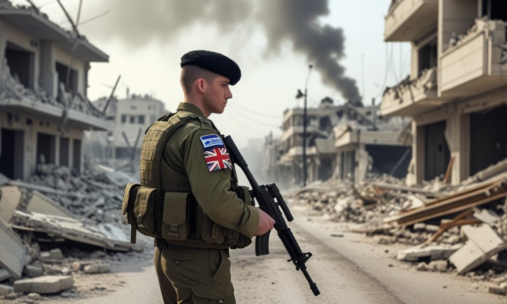 Seorang tentara dengan lambang bendera Inggris di seragam IDF berdiri di jalanan Gaza yang hancur, dikelilingi puing-puing dan asap, melambangkan keterlibatan Inggris dalam perang di Palestina.