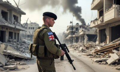 Seorang tentara dengan lambang bendera Inggris di seragam IDF berdiri di jalanan Gaza yang hancur, dikelilingi puing-puing dan asap, melambangkan keterlibatan Inggris dalam perang di Palestina.