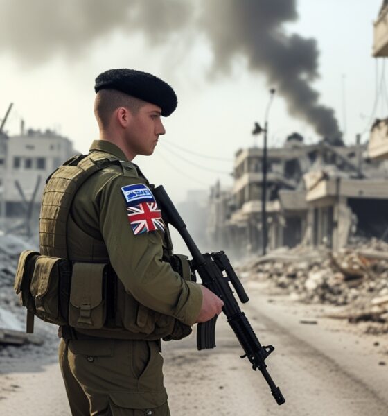 Seorang tentara dengan lambang bendera Inggris di seragam IDF berdiri di jalanan Gaza yang hancur, dikelilingi puing-puing dan asap, melambangkan keterlibatan Inggris dalam perang di Palestina.
