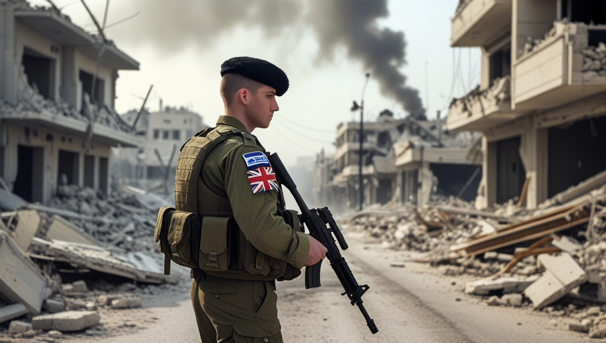 Seorang tentara dengan lambang bendera Inggris di seragam IDF berdiri di jalanan Gaza yang hancur, dikelilingi puing-puing dan asap, melambangkan keterlibatan Inggris dalam perang di Palestina.