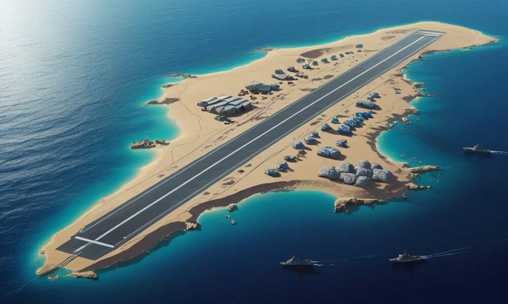 Satellite-style illustration showing construction of a military airstrip on Zuqar Island, Red Sea.