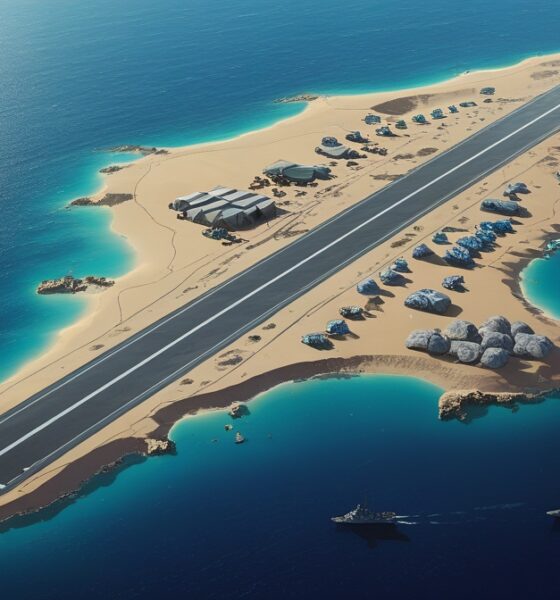 Satellite-style illustration showing construction of a military airstrip on Zuqar Island, Red Sea.