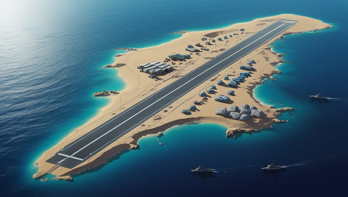 Satellite-style illustration showing construction of a military airstrip on Zuqar Island, Red Sea.