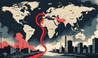 An illustration of a global oil pipeline ending in a destroyed cityscape, symbolizing how international fuel supplies feed the tragedy in Gaza.