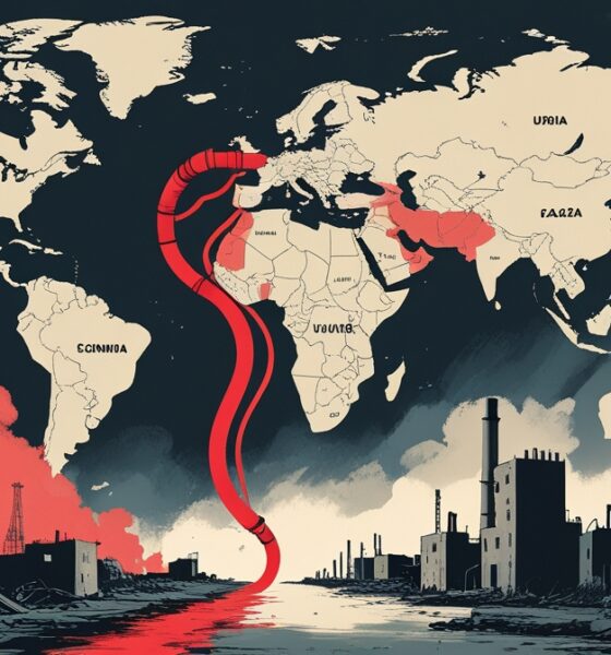 An illustration of a global oil pipeline ending in a destroyed cityscape, symbolizing how international fuel supplies feed the tragedy in Gaza.