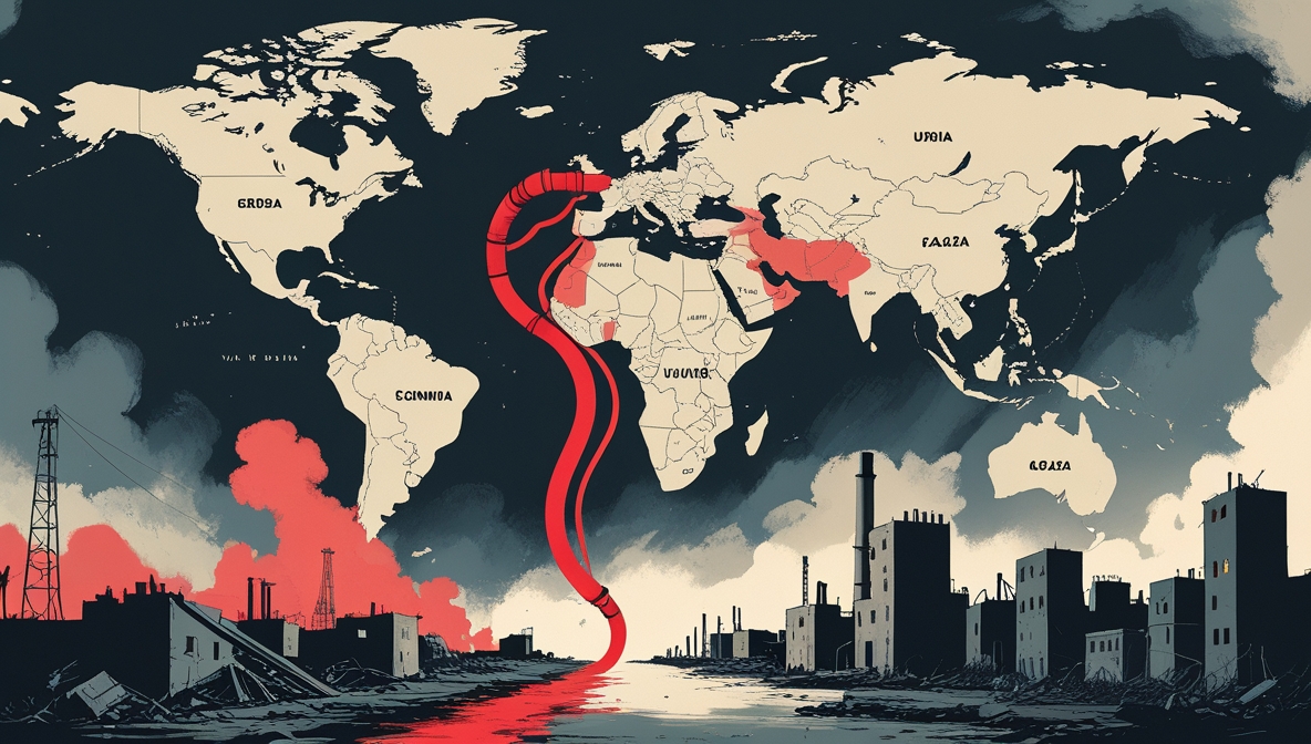An illustration of a global oil pipeline ending in a destroyed cityscape, symbolizing how international fuel supplies feed the tragedy in Gaza.