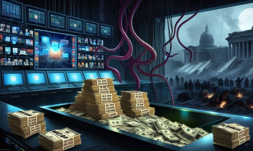 Ilustrasi mesin propaganda raksasa yang diberi bahan bakar ratusan juta dolar untuk memengaruhi media dan AI.