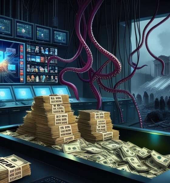 Ilustrasi mesin propaganda raksasa yang diberi bahan bakar ratusan juta dolar untuk memengaruhi media dan AI.