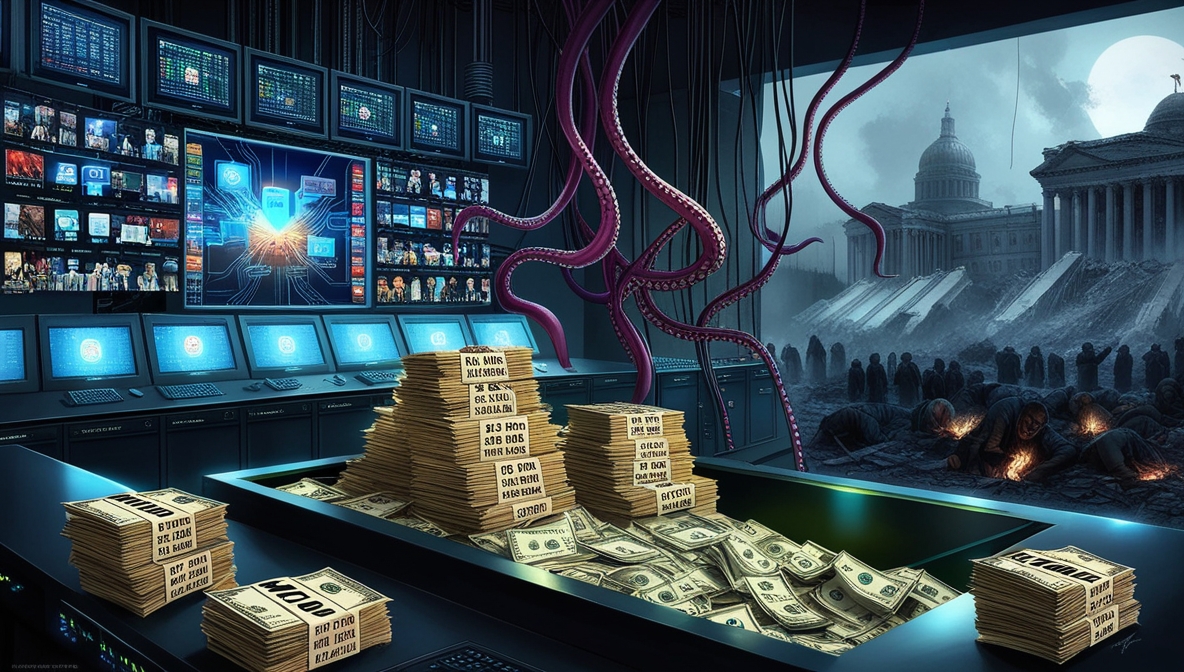 Ilustrasi mesin propaganda raksasa yang diberi bahan bakar ratusan juta dolar untuk memengaruhi media dan AI.