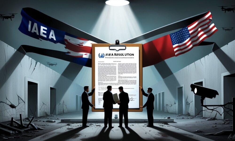 Ilustrasi editorial tentang tekanan politik terhadap Iran, menampilkan fasilitas nuklir yang rusak disorot dokumen IAEA sementara bayangan negara Barat menekan dari atas.