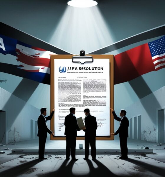 Ilustrasi editorial tentang tekanan politik terhadap Iran, menampilkan fasilitas nuklir yang rusak disorot dokumen IAEA sementara bayangan negara Barat menekan dari atas.