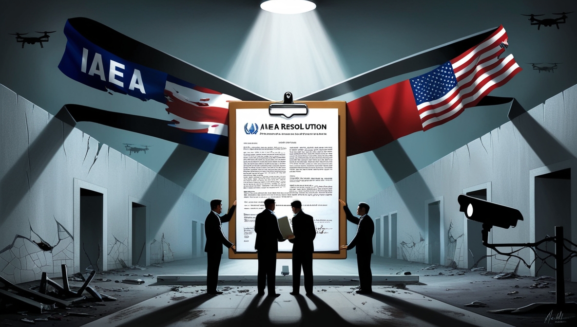 Ilustrasi editorial tentang tekanan politik terhadap Iran, menampilkan fasilitas nuklir yang rusak disorot dokumen IAEA sementara bayangan negara Barat menekan dari atas.