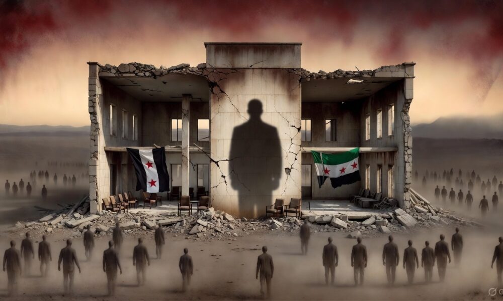 Symbolic illustration of a hollow Syrian government building amid ruins, representing a regime without a state.
