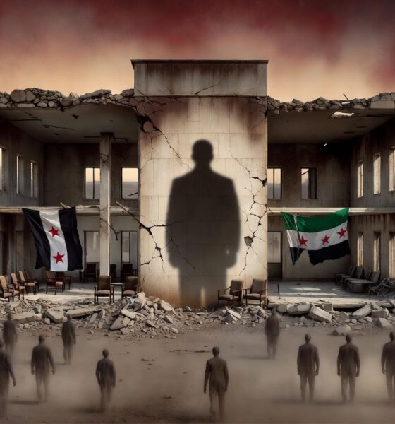 Symbolic illustration of a hollow Syrian government building amid ruins, representing a regime without a state.