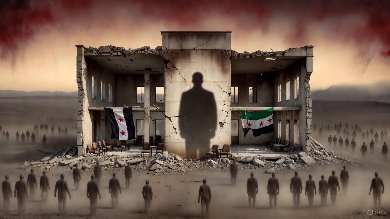Symbolic illustration of a hollow Syrian government building amid ruins, representing a regime without a state.