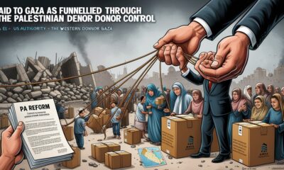 Ilustrasi editorial bantuan Gaza disalurkan melalui Otoritas Palestina (PA) sebagai alat kontrol politik-ekonomi donor barat, menampilkan rakyat Gaza menerima bantuan tapi terkungkung.