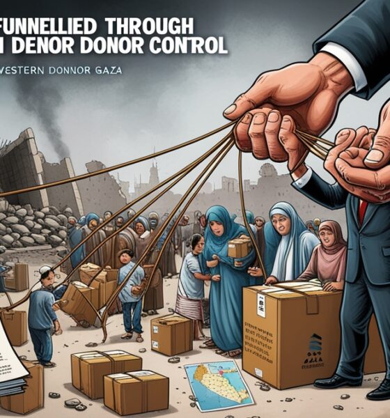 Ilustrasi editorial bantuan Gaza disalurkan melalui Otoritas Palestina (PA) sebagai alat kontrol politik-ekonomi donor barat, menampilkan rakyat Gaza menerima bantuan tapi terkungkung.