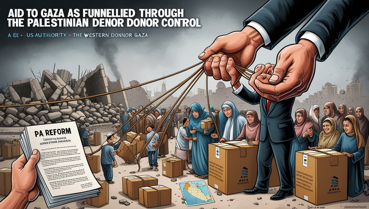 Ilustrasi editorial bantuan Gaza disalurkan melalui Otoritas Palestina (PA) sebagai alat kontrol politik-ekonomi donor barat, menampilkan rakyat Gaza menerima bantuan tapi terkungkung.